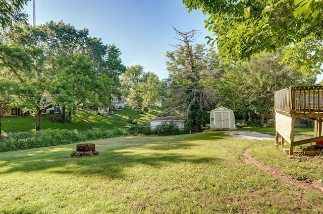 1311 S 9th St, Ozark, MO 65721 - view of grassy yard with a shed, an outdoor fire pit, and a deck