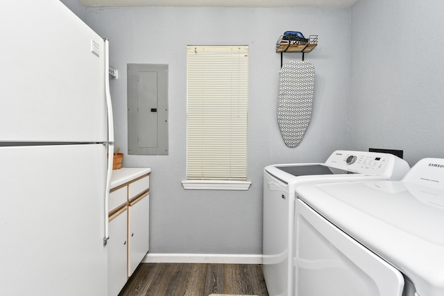 123 Bunker Ridge Dr Unit 7, Branson, MO 65616 - washroom featuring separate washer and dryer, electric panel, and dark wood-style flooring