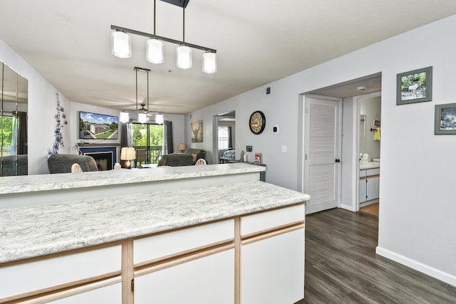 123 Bunker Ridge Dr Unit 7, Branson, MO 65616 - kitchen with open floor plan, dark wood-type flooring, a fireplace, pendant lighting, and white cabinets