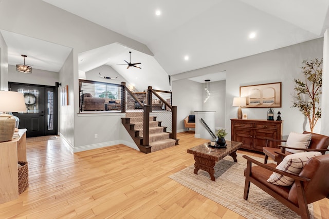 811 Gold Rush Ave, Nixa, MO 65714 - living area featuring light wood-style floors, vaulted ceiling, stairs, a ceiling fan, and recessed lighting