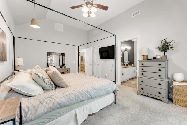811 Gold Rush Ave, Nixa, MO 65714 - bedroom with light carpet, connected bathroom, high vaulted ceiling, and ceiling fan