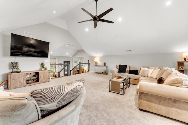 811 Gold Rush Ave, Nixa, MO 65714 - living room featuring light colored carpet, ceiling fan, vaulted ceiling, and recessed lighting