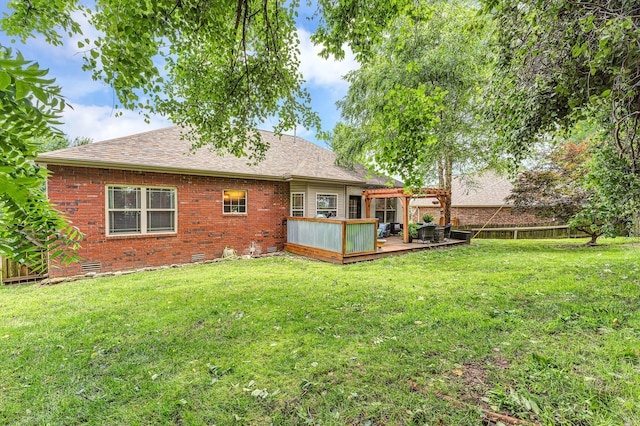 811 Gold Rush Ave, Nixa, MO 65714 - back of property with crawl space, a deck, a pergola, brick siding, and a shingled roof
