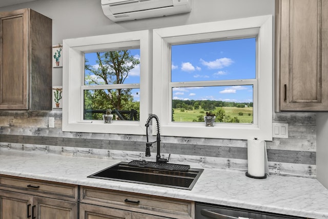 3918 Bowen Creek Rd, Niangua, MO 65713 - kitchen with an AC wall unit and decorative backsplash