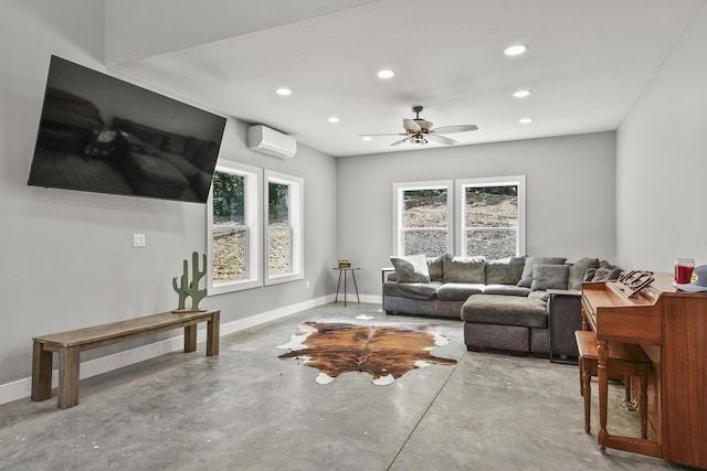 3918 Bowen Creek Rd, Niangua, MO 65713 - living room with a wall mounted AC, concrete floors, recessed lighting, and ceiling fan
