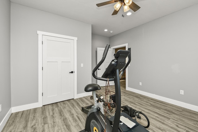 3918 Bowen Creek Rd, Niangua, MO 65713 - exercise room with ceiling fan, wood finished floors, and recessed lighting