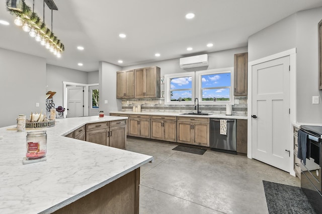 3918 Bowen Creek Rd, Niangua, MO 65713 - kitchen featuring stainless steel dishwasher, an AC wall unit, recessed lighting, light countertops, and decorative backsplash