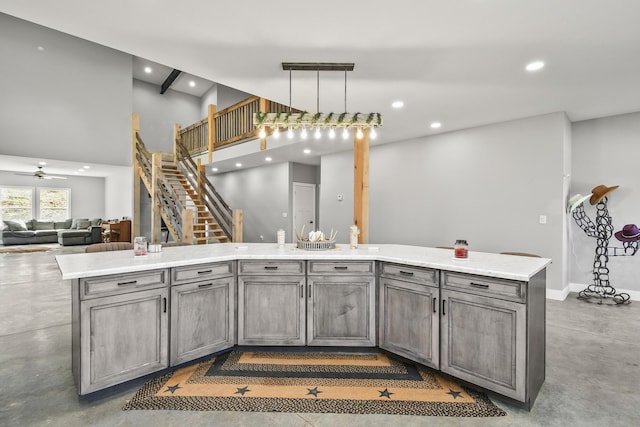 3918 Bowen Creek Rd, Niangua, MO 65713 - kitchen with concrete floors, recessed lighting, gray cabinetry, open floor plan, and a ceiling fan