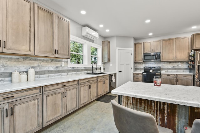 3918 Bowen Creek Rd, Niangua, MO 65713 - kitchen with electric range, stainless steel microwave, a wall unit AC, dishwashing machine, and tasteful backsplash