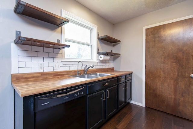 4252 W Madison St, Springfield, MO 65802 - kitchen featuring open shelves, black dishwasher, butcher block counters, dark wood-style flooring, and tasteful backsplash