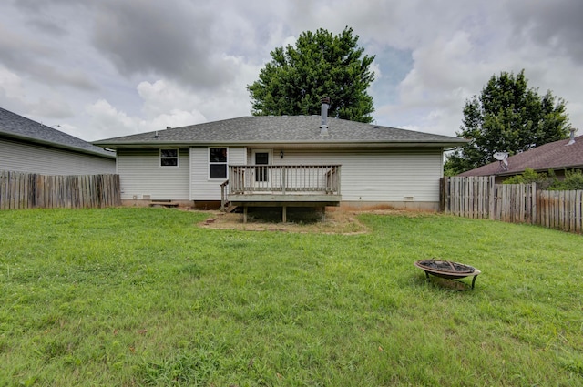 4252 W Madison St, Springfield, MO 65802 - rear view of property featuring a wooden deck, a fire pit, a fenced backyard, and crawl space