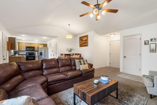 1300 W Robin St, Ozark, MO 65721 - living area with light colored carpet, lofted ceiling, and ceiling fan