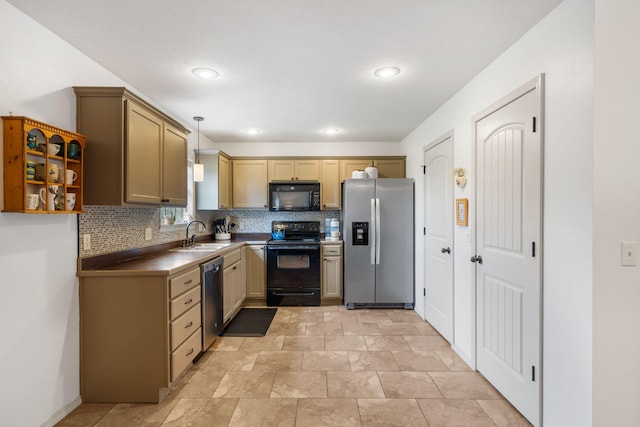 1300 W Robin St, Ozark, MO 65721 - kitchen with black appliances, decorative backsplash, pendant lighting, recessed lighting, and stone finish flooring