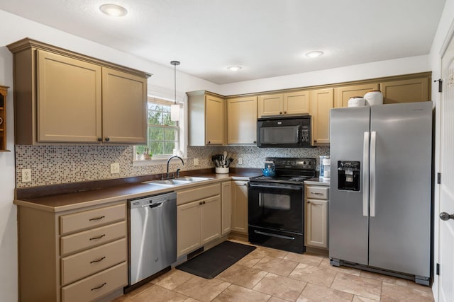 1300 W Robin St, Ozark, MO 65721 - kitchen with black appliances, dark countertops, tasteful backsplash, and decorative light fixtures