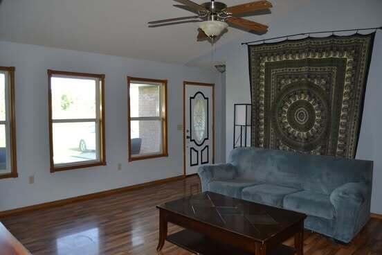 163 Hidden Hollow Dr, Marshfield, MO 65706 - living room with vaulted ceiling, wood finished floors, and a ceiling fan