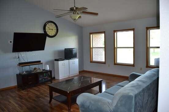 163 Hidden Hollow Dr, Marshfield, MO 65706 - living room featuring wood finished floors, lofted ceiling, and ceiling fan