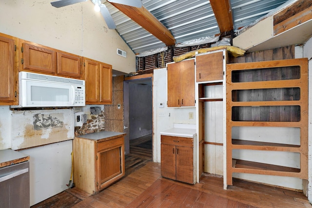 427 Morgan Ave, Aurora, MO 65605 - kitchen with white microwave, open shelves, brown cabinetry, hardwood / wood-style floors, and a towering ceiling