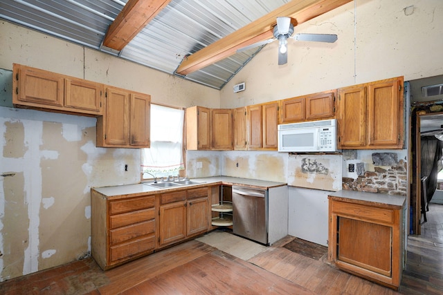 427 Morgan Ave, Aurora, MO 65605 - kitchen featuring white microwave, stainless steel dishwasher, beam ceiling, wood finished floors, and ceiling fan
