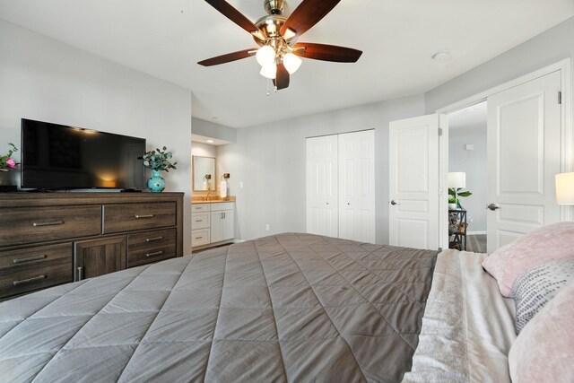 215 Meadow Brook Ln Unit 3, Branson, MO 65616 - bedroom with ceiling fan, a closet, and ensuite bath