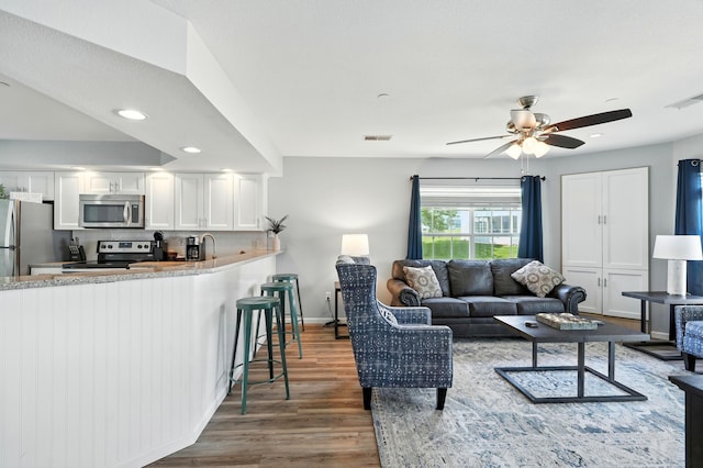 215 Meadow Brook Ln Unit 3, Branson, MO 65616 - living room featuring wood finished floors, ceiling fan, and recessed lighting