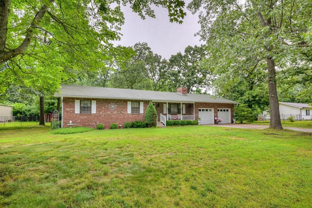 1706 Ankney Pl, Neosho, MO 64850 - ranch-style house featuring brick siding, a porch, an attached garage, and a chimney