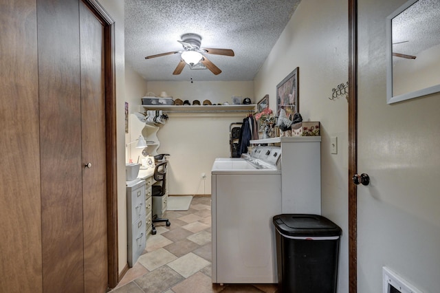 1706 Ankney Pl, Neosho, MO 64850 - laundry room featuring independent washer and dryer, a ceiling fan, and a textured ceiling
