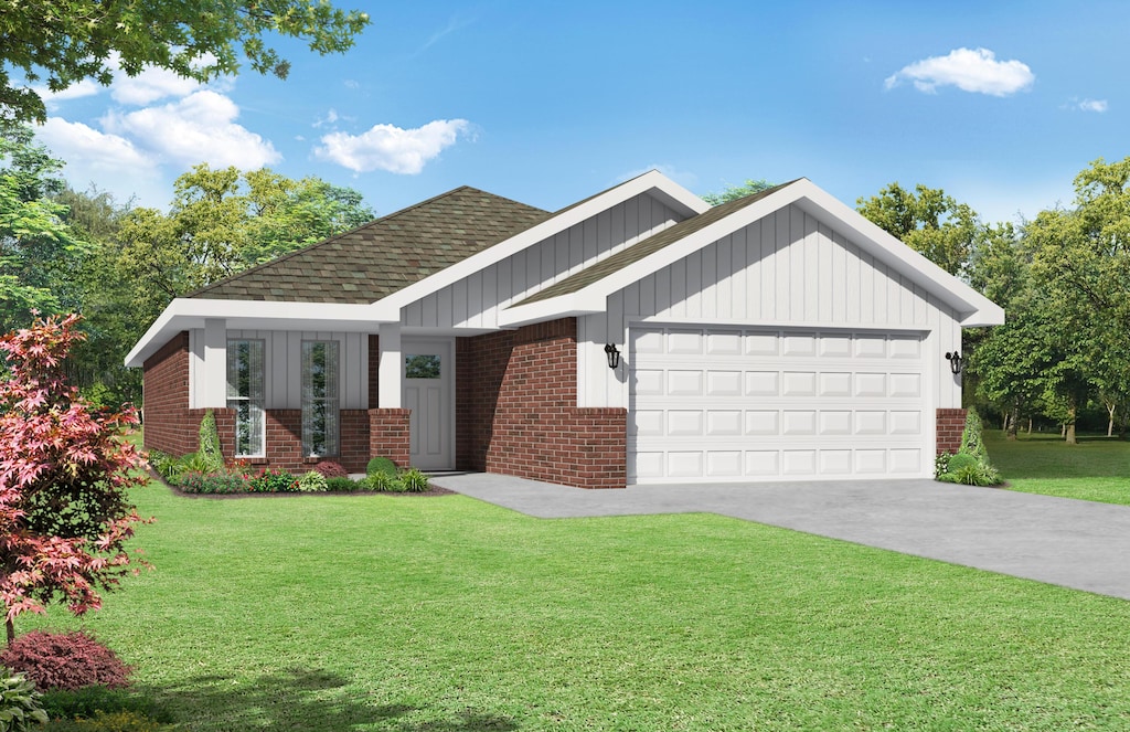 1616 Sedge St, Joplin, MO 64801 - view of front of home featuring brick siding, a garage, roof with shingles, a front yard, and concrete driveway