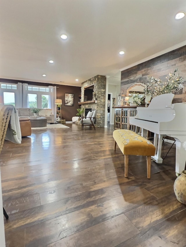 556 Carter 309, Van Buren, MO 63965 - living area featuring hardwood / wood-style floors, recessed lighting, a stone fireplace, and crown molding