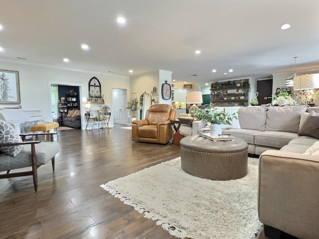 556 Carter 309, Van Buren, MO 63965 - living room featuring crown molding, dark wood-style floors, and recessed lighting