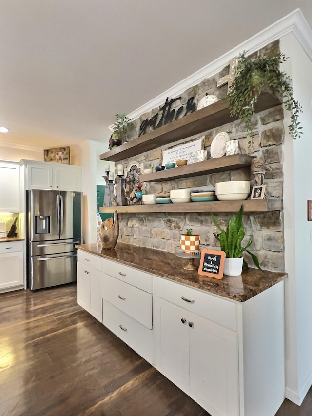 556 Carter 309, Van Buren, MO 63965 - bar with stainless steel fridge, dark wood-style floors, and crown molding