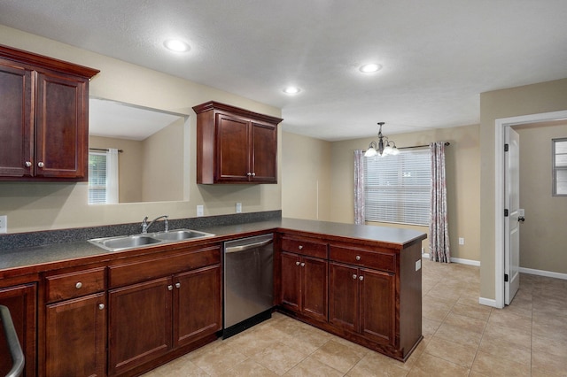 5834 Geranium Ln, Battlefield, MO 65619 - kitchen with stainless steel dishwasher, a chandelier, dark countertops, a peninsula, and recessed lighting