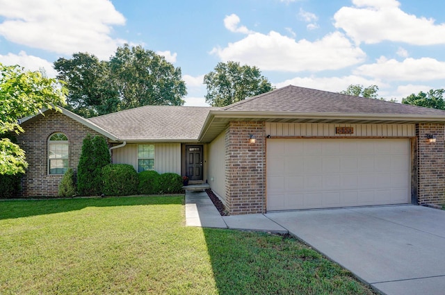 5834 Geranium Ln, Battlefield, MO 65619 - single story home with brick siding, a garage, concrete driveway, a front lawn, and roof with shingles