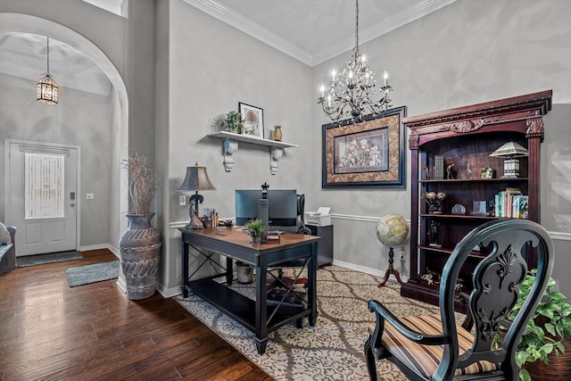 701 E Bayshore Dr, Ozark, MO 65721 - office space featuring a chandelier, wood finished floors, crown molding, and arched walkways