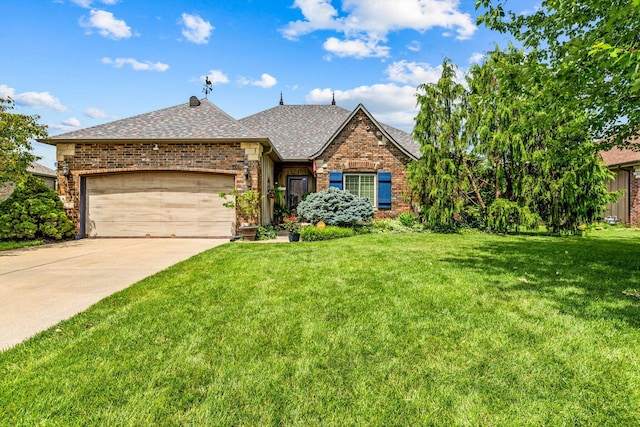 701 E Bayshore Dr, Ozark, MO 65721 - view of front of house with a shingled roof, a garage, a front lawn, driveway, and brick siding