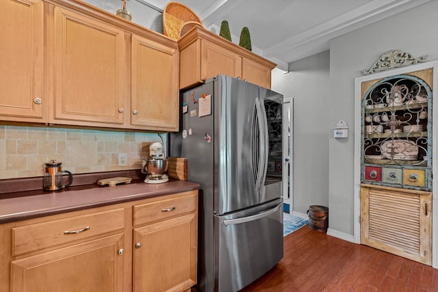 701 E Bayshore Dr, Ozark, MO 65721 - kitchen featuring smart refrigerator, decorative backsplash, dark wood-style flooring, and dark countertops