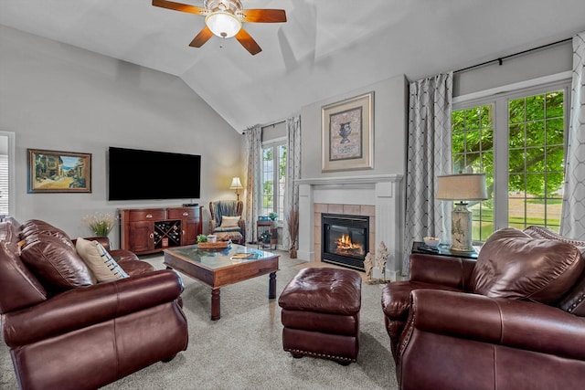 701 E Bayshore Dr, Ozark, MO 65721 - living room with a ceiling fan, carpet floors, vaulted ceiling, and a fireplace