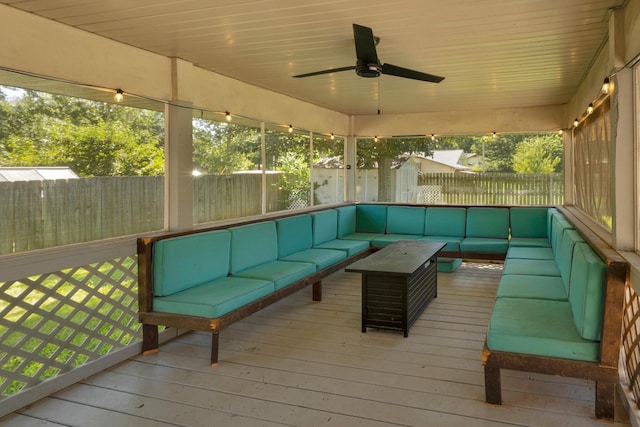 519 N Lynette Ave, Republic, MO 65738 - wooden deck with outdoor lounge area, a fenced backyard, and a ceiling fan