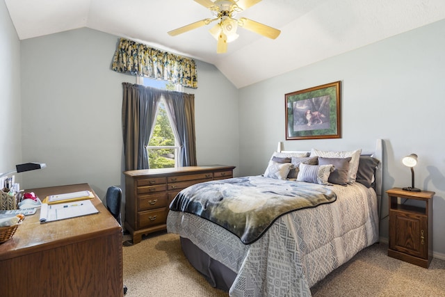 3045 S Palisades Dr, Springfield, MO 65807 - bedroom with vaulted ceiling, light carpet, a desk, and a ceiling fan