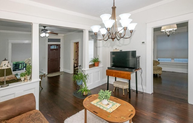 628 W Lynn St, Springfield, MO 65802 - living room featuring ornamental molding, wood finished floors, a chandelier, and a ceiling fan