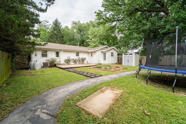 1520 E Seminole St, Springfield, MO 65804 - fenced backyard with a trampoline, a shed, a gate, and a garden