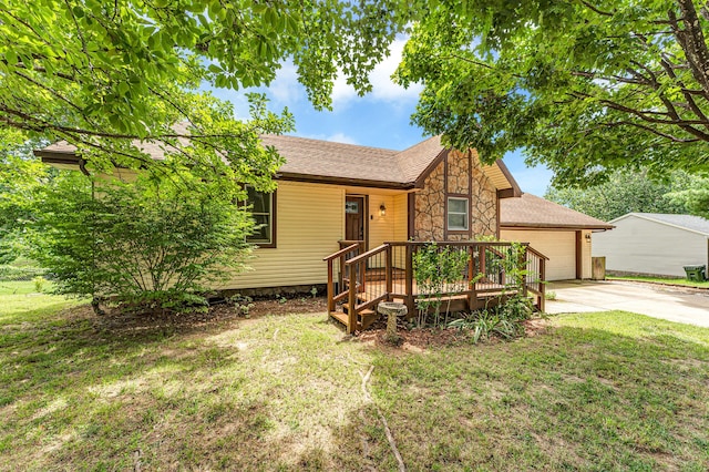 1604 E Sycamore St, Ozark, MO 65721 - ranch-style house with concrete driveway, an attached garage, a front yard, a shingled roof, and stone siding