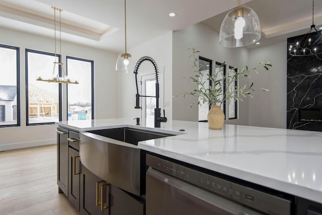 2112 N Sun Valley Dr, Springfield, MO 65802 - kitchen featuring a chandelier, stainless steel dishwasher, hanging light fixtures, light wood-style flooring, and recessed lighting