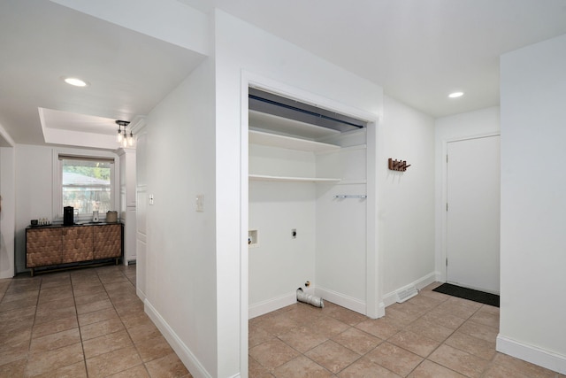 1923 S Cedarbrook Ave, Springfield, MO 65804 - laundry area with electric dryer hookup, washer hookup, recessed lighting, and light tile patterned floors