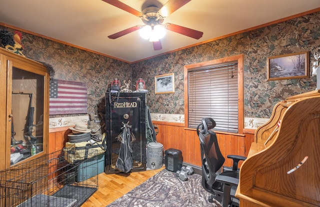 11240 State Hwy E, Rolla, MO 65401 - home office featuring wood finished floors, a ceiling fan, wainscoting, ornamental molding, and wallpapered walls