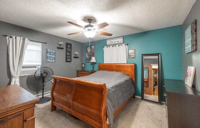 11240 State Hwy E, Rolla, MO 65401 - bedroom with light colored carpet, ceiling fan, a textured ceiling, and cooling unit