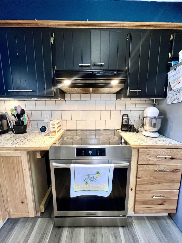 817 Fillmore St, Mount Vernon, MO 65712 - kitchen featuring stainless steel electric range, range hood, light countertops, and backsplash