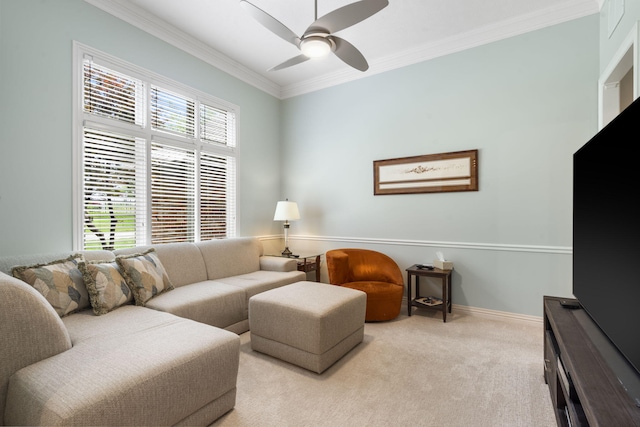 3314 Winged Foot Dr, Nixa, MO 65714 - living room with ornamental molding, a ceiling fan, and light carpet