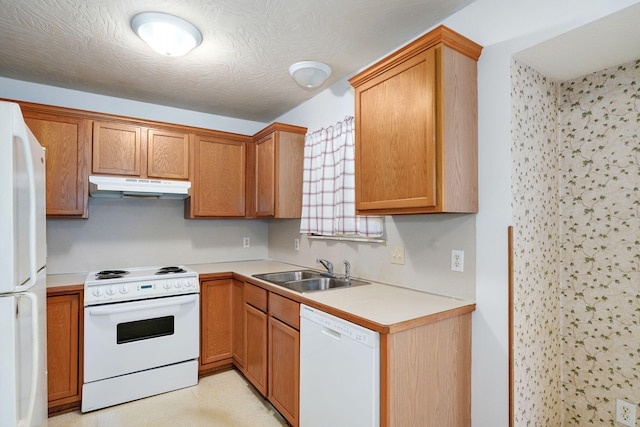2816 N Pierce Ave, Springfield, MO 65803 - kitchen with white appliances, under cabinet range hood, and light countertops