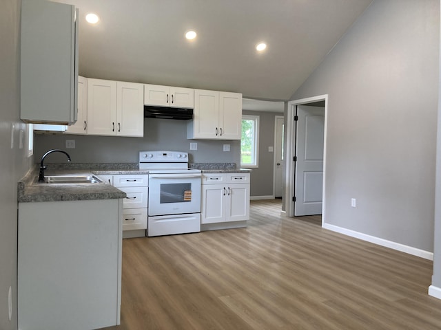 507 W Clouse St, Mountain Grove, MO 65711 - kitchen with electric range, range hood, light wood-style floors, white cabinetry, and recessed lighting