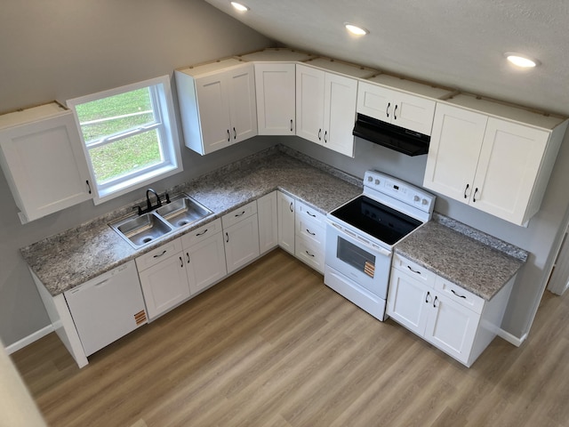 507 W Clouse St, Mountain Grove, MO 65711 - kitchen featuring white appliances, under cabinet range hood, light wood-style floors, white cabinets, and recessed lighting
